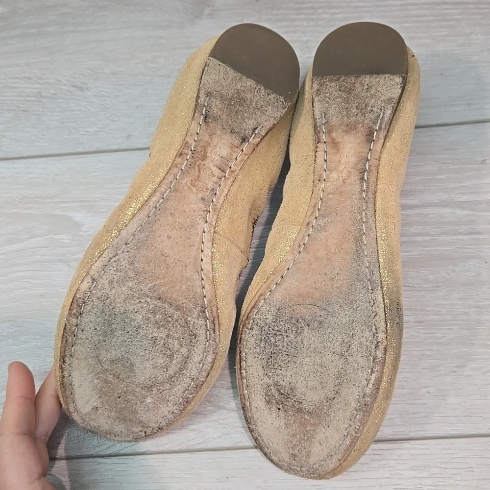 Tory Burch Glitter Suede Stretch Gold Ballet Flats Logo Shoes Sz 7M